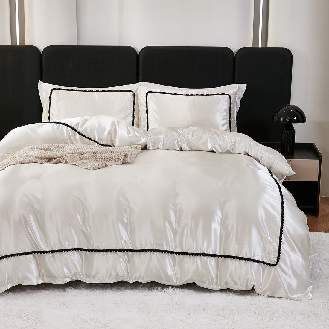 3PCS Satin Duvet Cover Set Silk White Black And Pink Bedding Comforter Cover Silky Luxury Silky Bed set Soft for All season