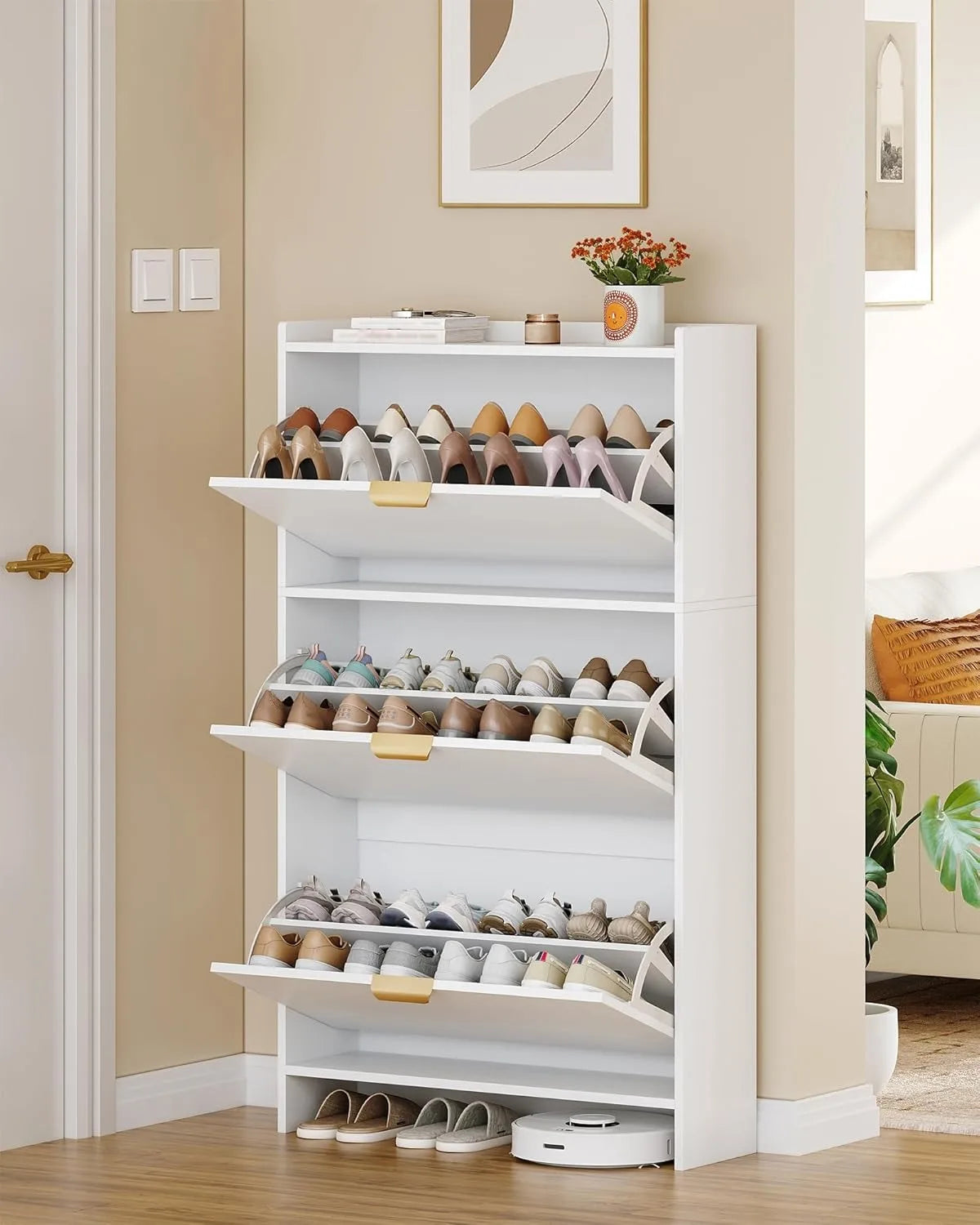 Narrow Shoe Cabinet with 3 Flip Drawers – Hidden Storage for 18–24 Pairs with Adjustable Shelves