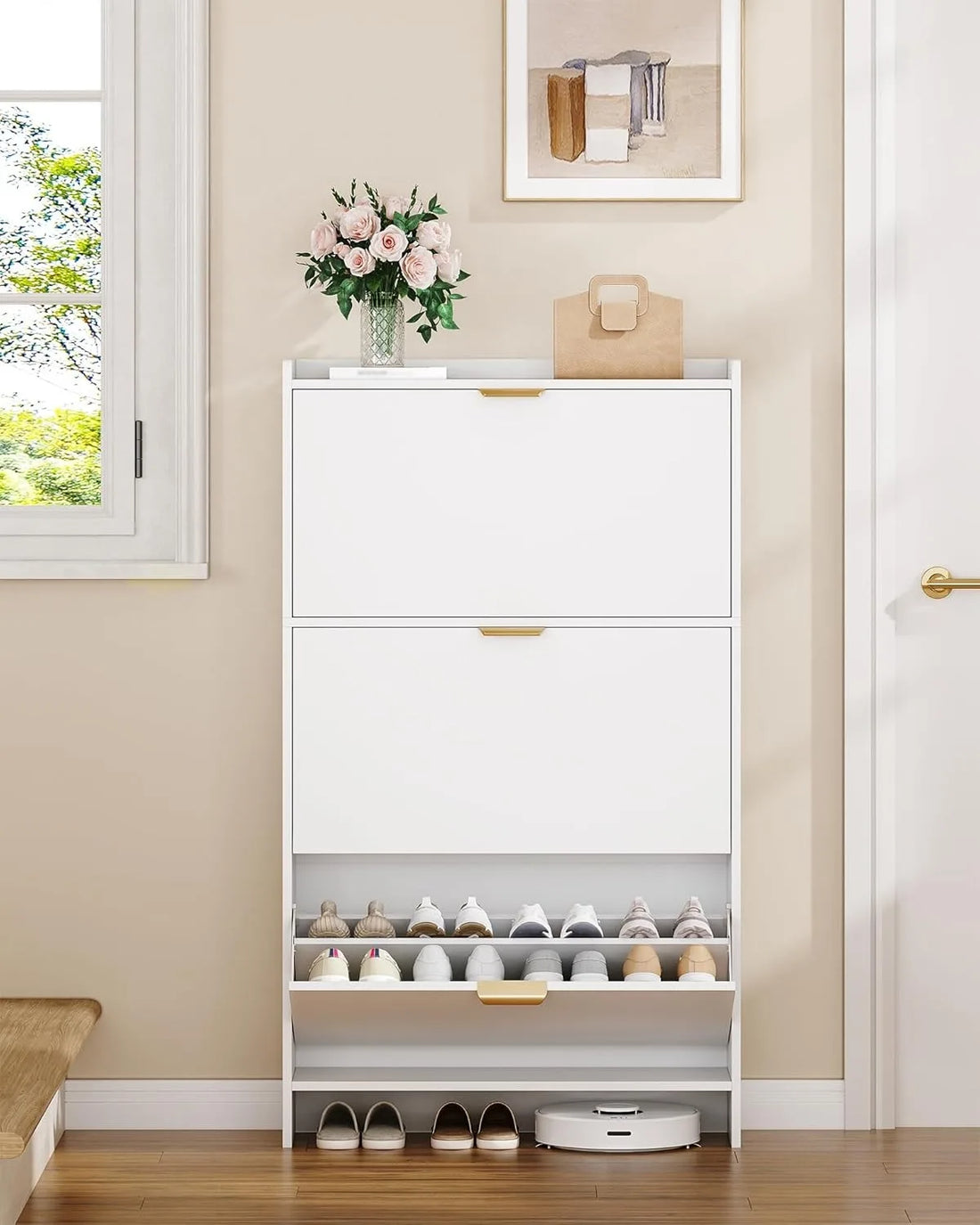 Narrow Shoe Cabinet with 3 Flip Drawers – Hidden Storage for 18–24 Pairs with Adjustable Shelves