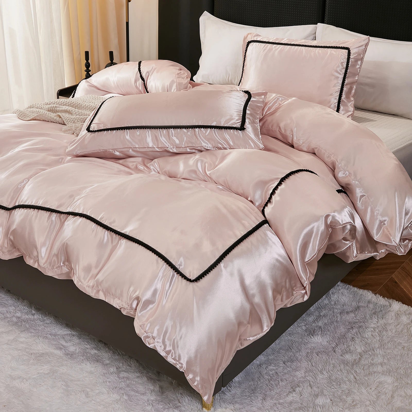 3PCS Satin Duvet Cover Set Silk White Black And Pink Bedding Comforter Cover Silky Luxury Silky Bed set Soft for All season