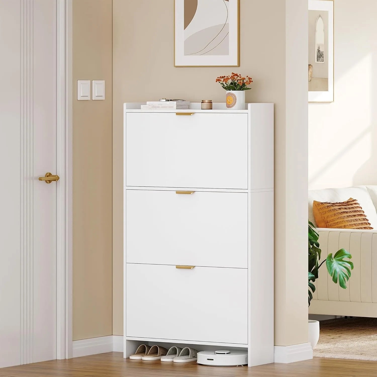 Narrow Shoe Cabinet with 3 Flip Drawers – Hidden Storage for 18–24 Pairs with Adjustable Shelves