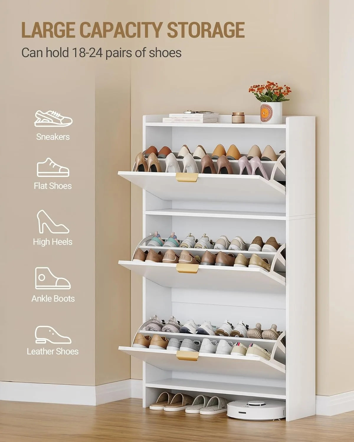 Narrow Shoe Cabinet with 3 Flip Drawers – Hidden Storage for 18–24 Pairs with Adjustable Shelves