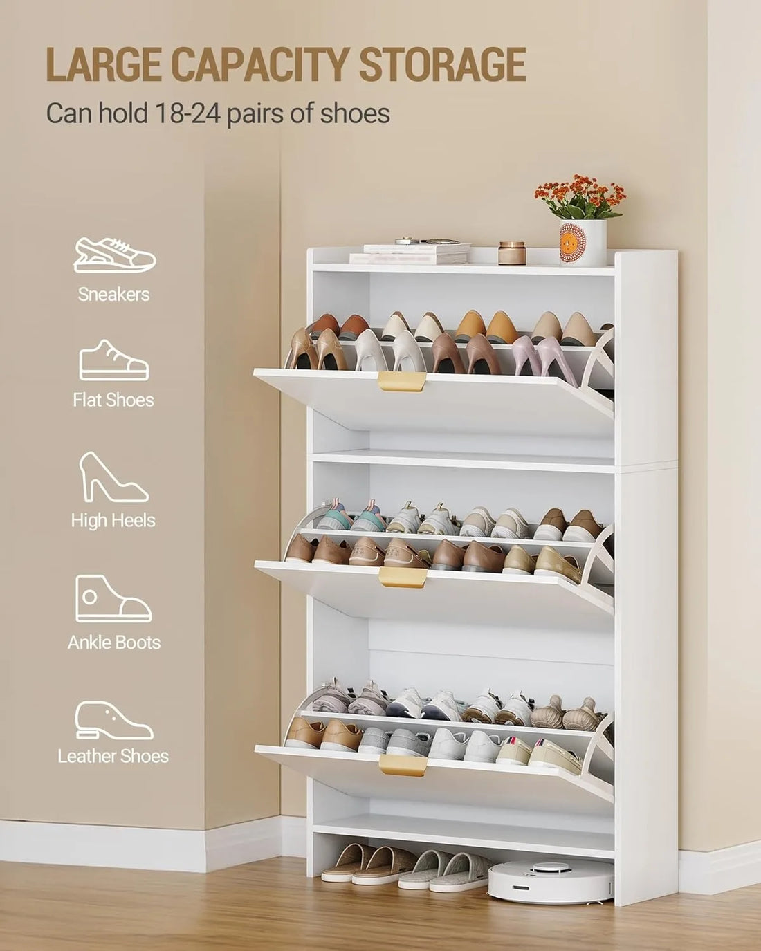 Narrow Shoe Cabinet with 3 Flip Drawers – Hidden Storage for 18–24 Pairs with Adjustable Shelves
