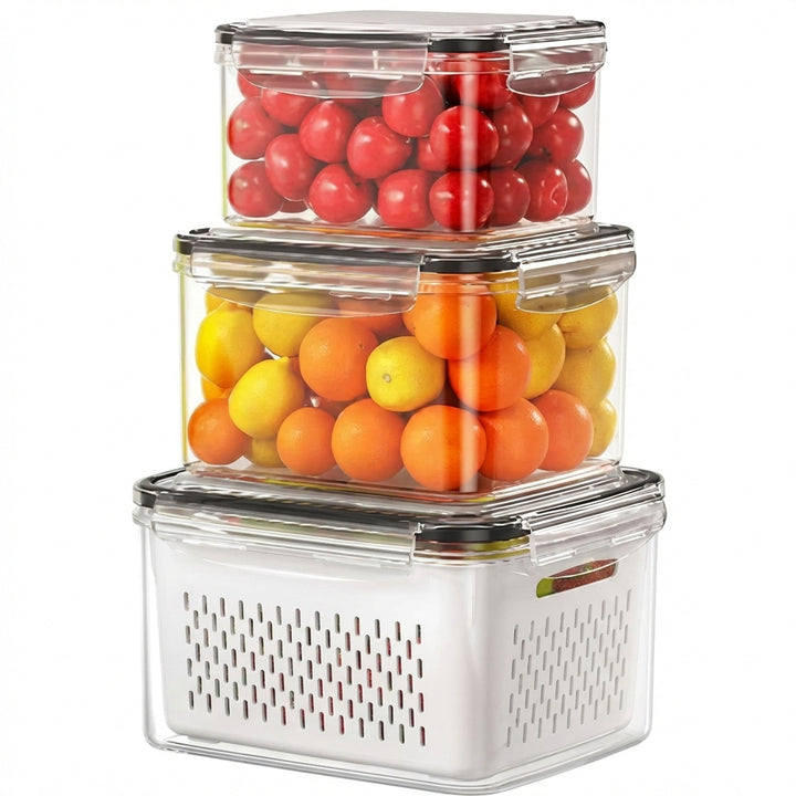 Fridge Fruit Storage Containers with Strainer Washing Bowl for Salad & Berries