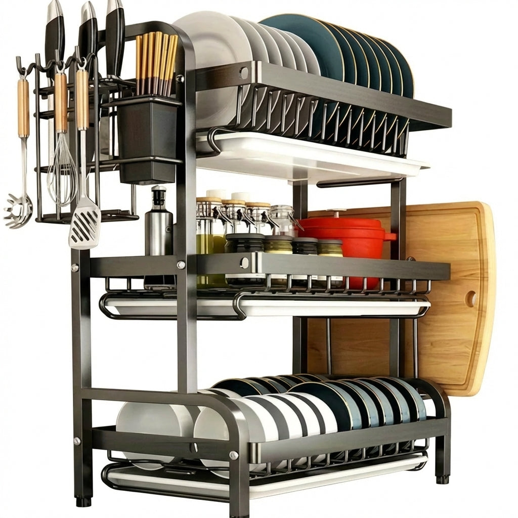 3-Tier Space-Saving Dish Rack with Large Capacity Utensil Storage