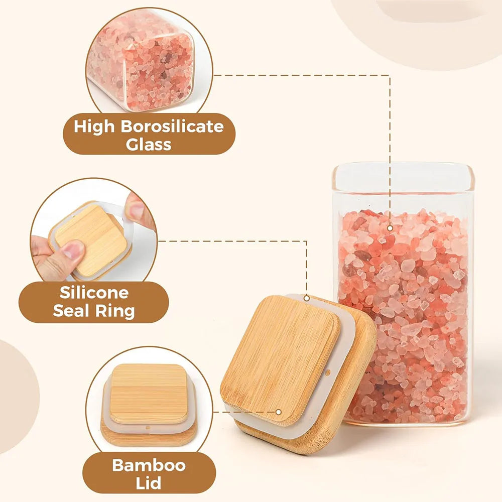 Frascos de vidrio para especias con tapa de bambú, recipientes cuadrados herméticos de 8 oz con etiquetas negras, frascos vacíos para condimentos, especias, sal y azúcar.