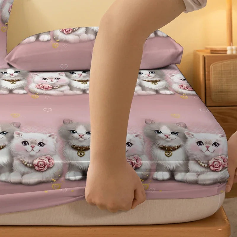 1 Cartoon Cute animal Cat printed matte Fitted Sheet, bedroom printed bed cover, bedding (excluding pillowcases)