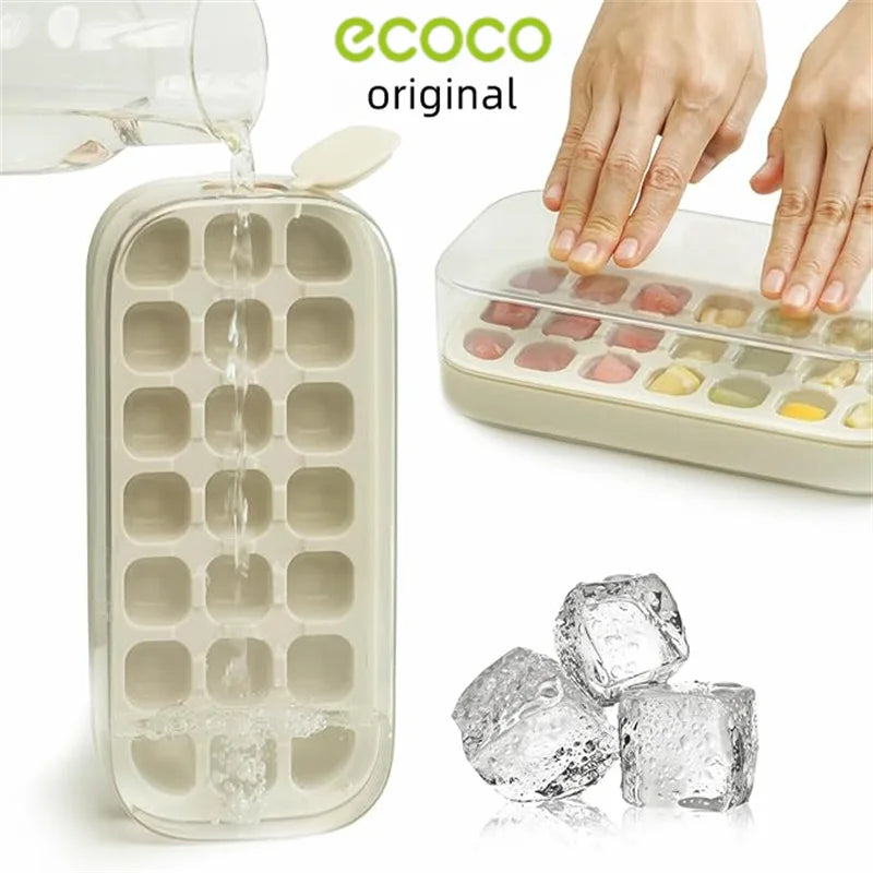 Ice Cube Tray with Lid & Bin – Quick-Fill Easy Press No-Touch Release Freezer Mold (7/14/21 Pcs)
