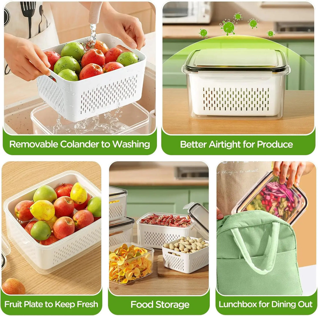 Fridge Fruit Storage Containers with Strainer Washing Bowl for Salad & Berries
