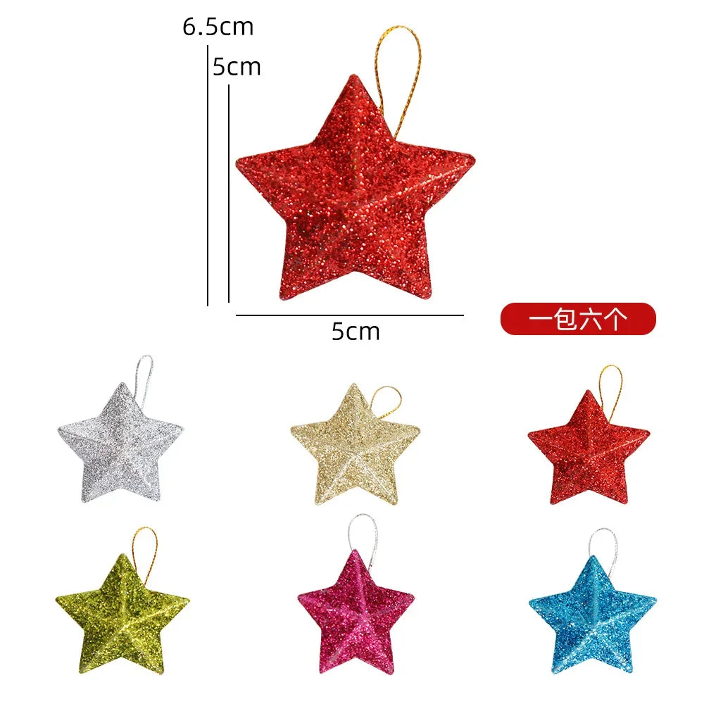 6Pcs Glitter Gold Silver Star Christmas Ornaments Star Embellishments Pendants for Xmas Tree Hanging Christmas Party Decorations