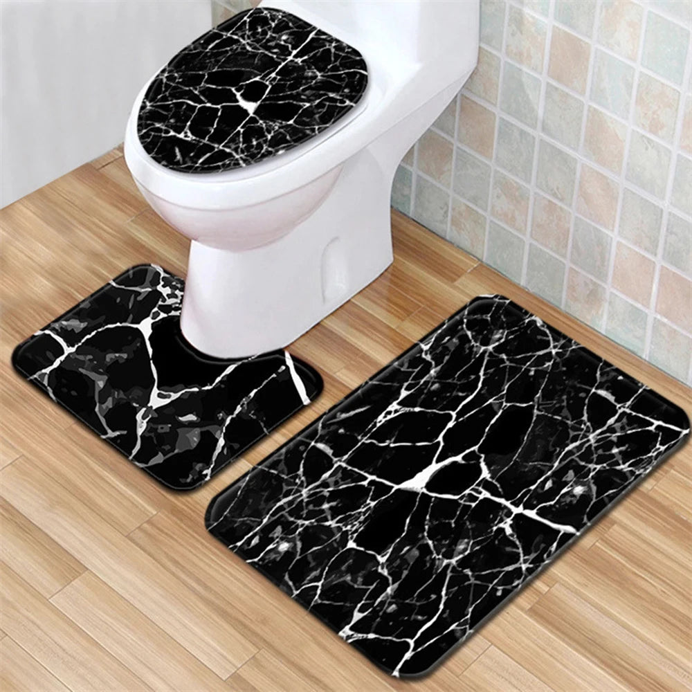3pcs Marble Pattern Bath Mats Anti Slip Bathroom Mat Set Washable Toilet Seat Lid Cover Pedestal Rug Set Home Decor