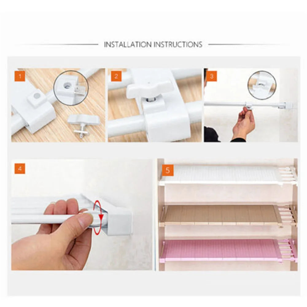 Adjustable Closet Cupboard Storage Organizer Shelf – Extendable No-Punch Wardrobe Partition Divider Rack