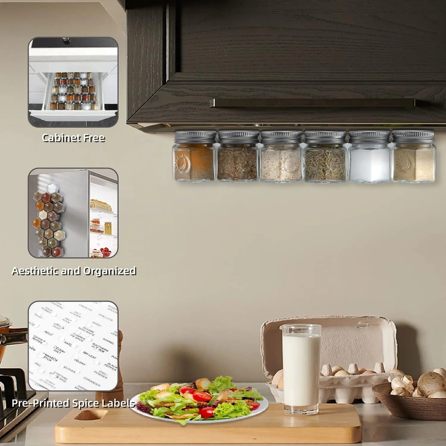 24 Hexagon Magnetic Glass Spice Jars with Shaker Lids and Labels for Kitchen, Fridge, RV