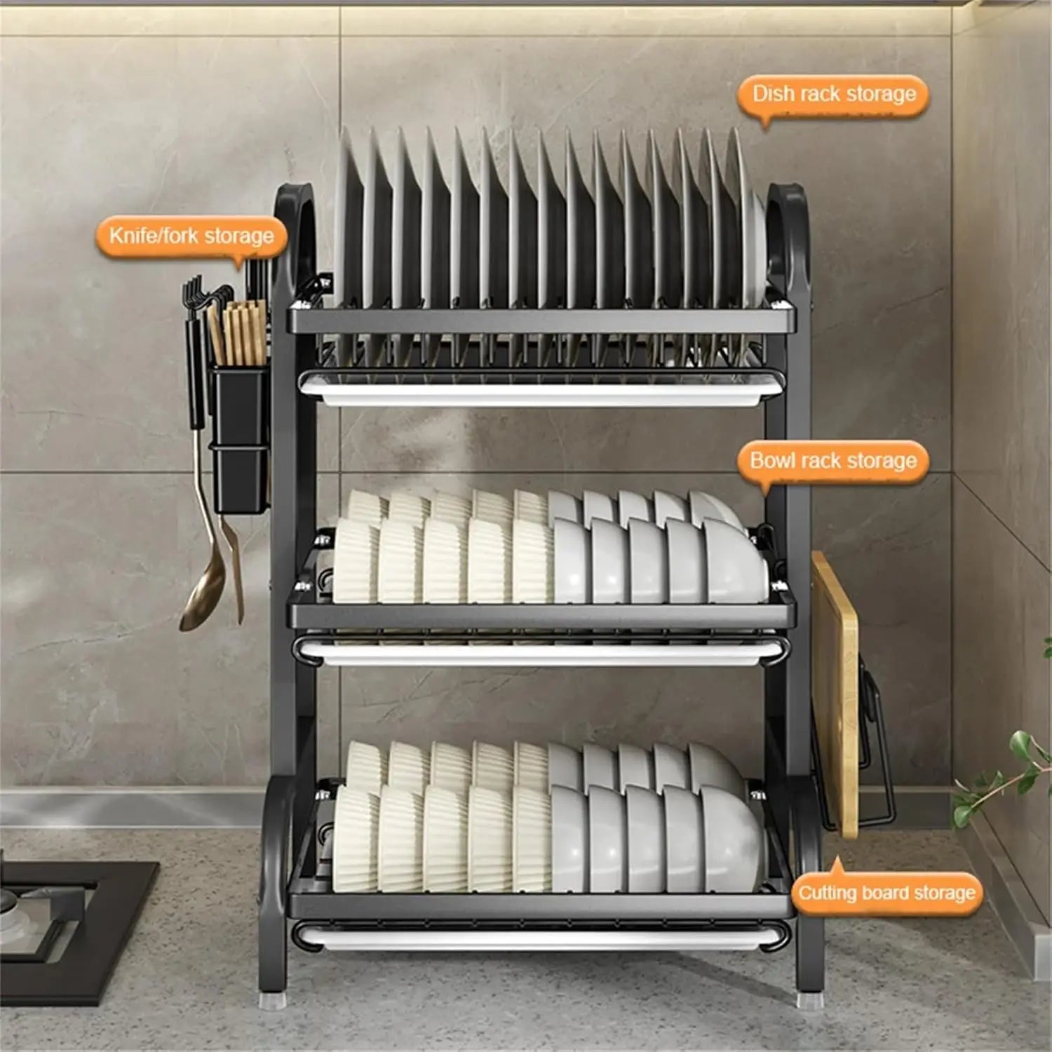 3-Tier Space-Saving Dish Rack with Large Capacity Utensil Storage