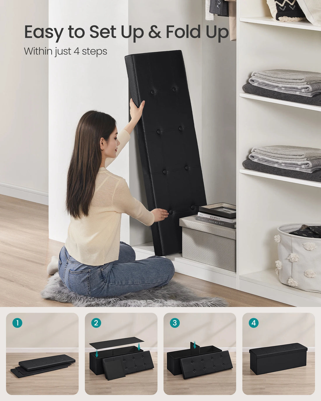 SONGMICS 43 Inches Folding Storage Ottoman Bench, Storage Chest, Footrest, Coffee Table, Padded Seat, Faux Leather