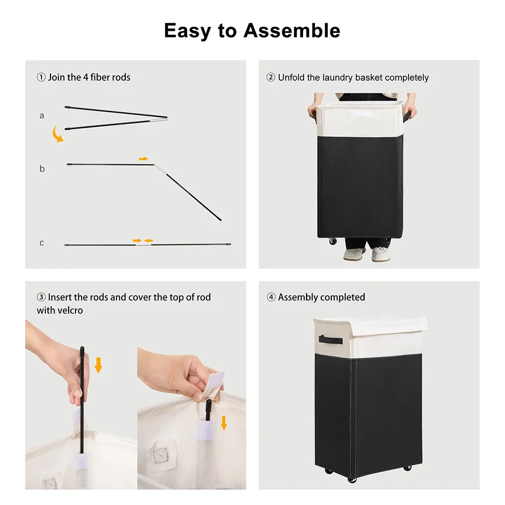 65L Wheeled Laundry Basket with Cover, Tall Oxford Fabric Hamper, Portable Foldable Clothes Organizer Bin