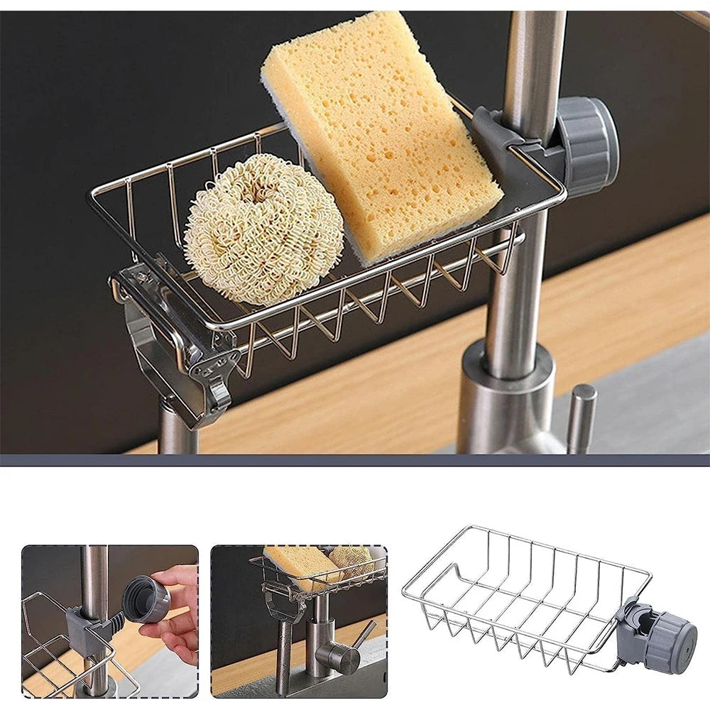 Kitchen Sink Faucet Organizer Rack with Sponge & Soap Holder