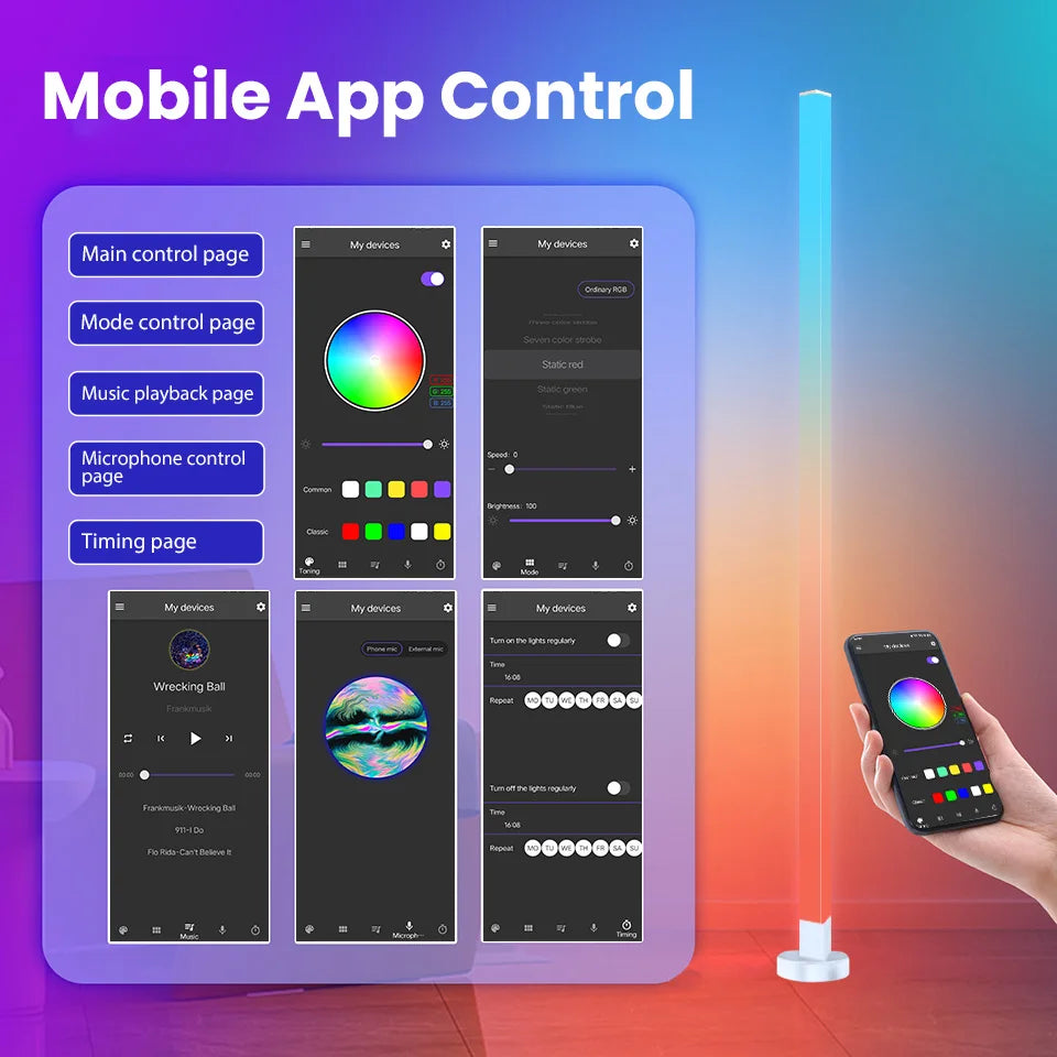 RGB LED Floor Lamp Remote & APP Control Music Sync Corner Lighting Modern Mood Lighting for Bedroom Living Room Gaming decor