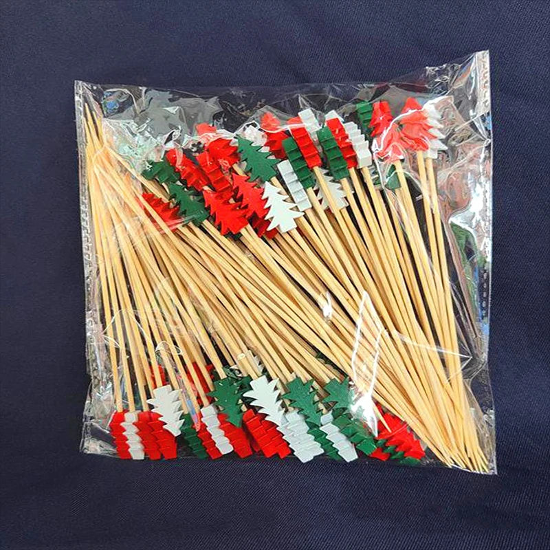 50/100pcs Christmas Fruit Sticks Disposable Bamboo Sticks Snowflake Christmas Tree Elk Santa Claus Snowman Sticks Xmas Ornaments