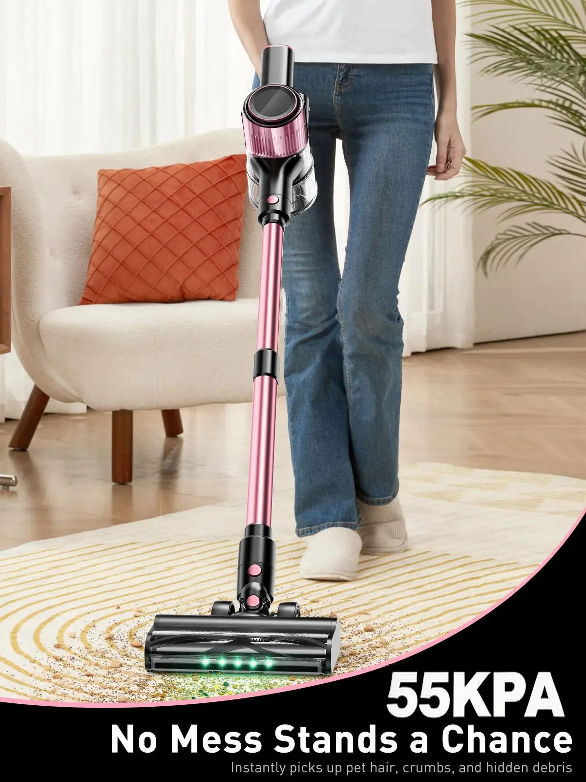 SUXIANGVAC Cordless Stick Vacuum Cleaner – 55Kpa / 500W / 45min, 10-in-1 with Green LED, Anti-Tangle Brush for Pet Hair, Hard Floors & Carpet
