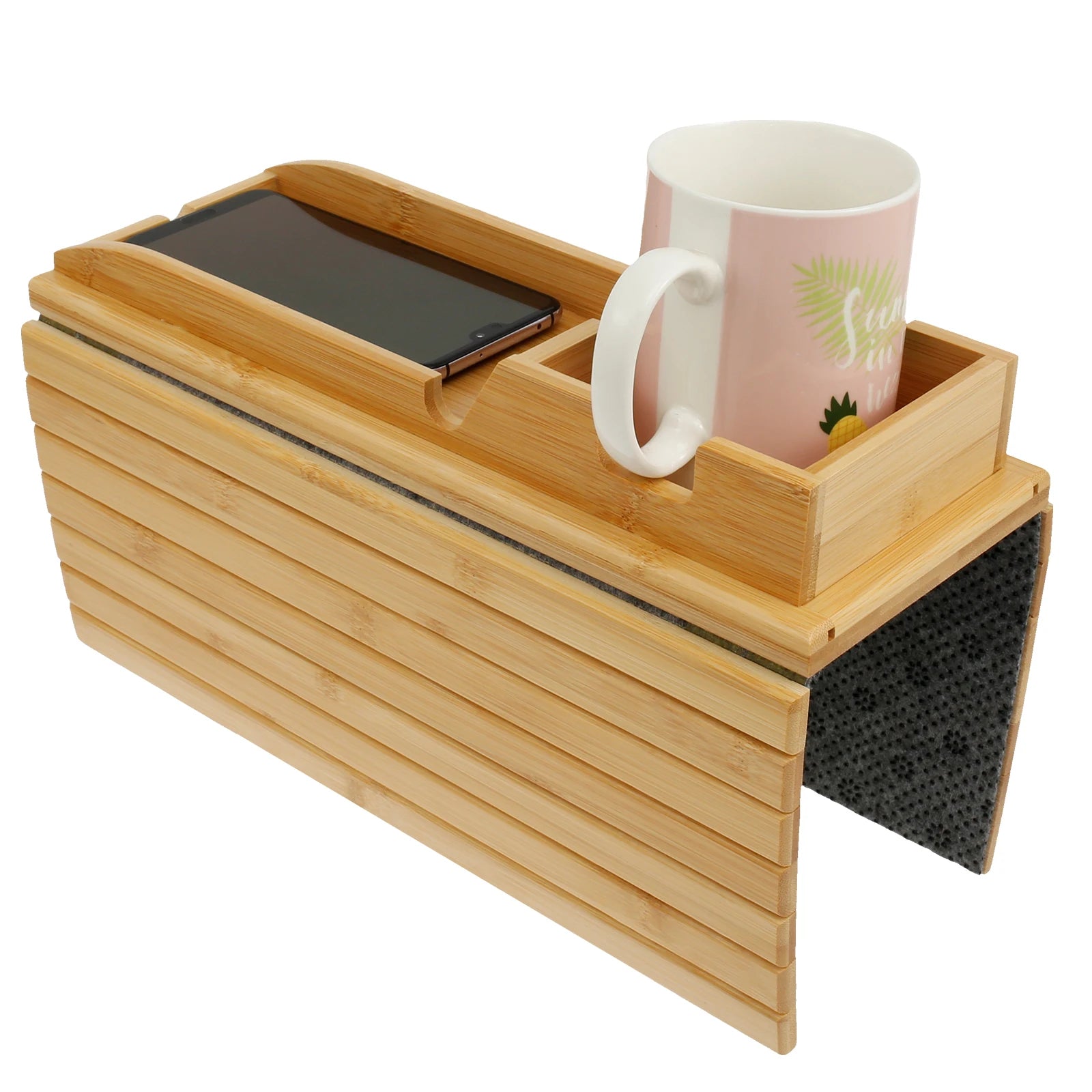 Bamboo Sofa Armrest Cup Holder Tray with Storage Organizer