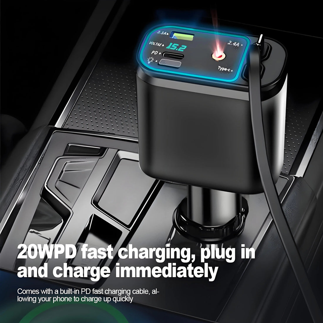 120W Retractable Car Charger with Roof Starlight – USB-C Fast Charger Cigarette Lighter Adapter for iPhone, Huawei & Samsung