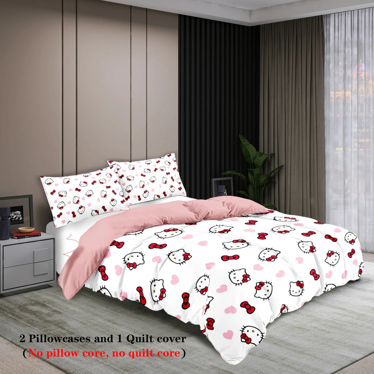 3-piece cartoon pink Hello Cat print duvet cover set (1 duvet cover+2 pillowcases, no core) comfortable bedding set