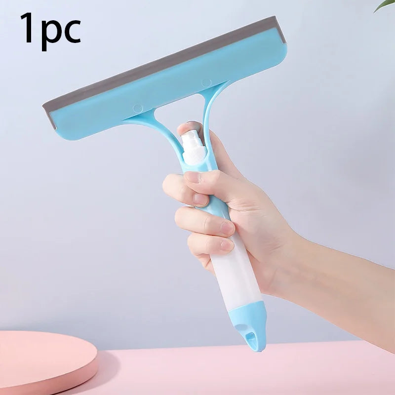 3-in-1 Window Cleaning Kit - Dual-Sided Glass Scrubber with Squeegee & Spray Bottle for Mirrors, Shower Doors, No-Streak (Blue/B