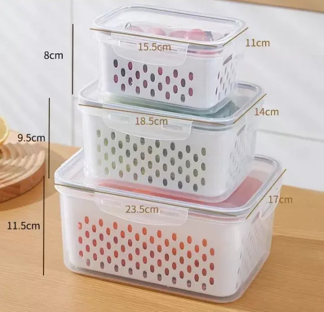 Fridge Fruit Storage Containers with Strainer Washing Bowl for Salad & Berries