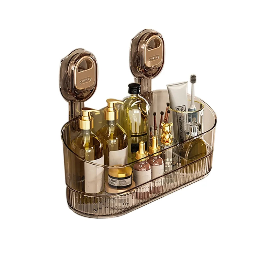 Transparent Suction Cup Makeup Organizer – No-Drill Wall Mounted Cosmetic Storage Box with Large Capacity
