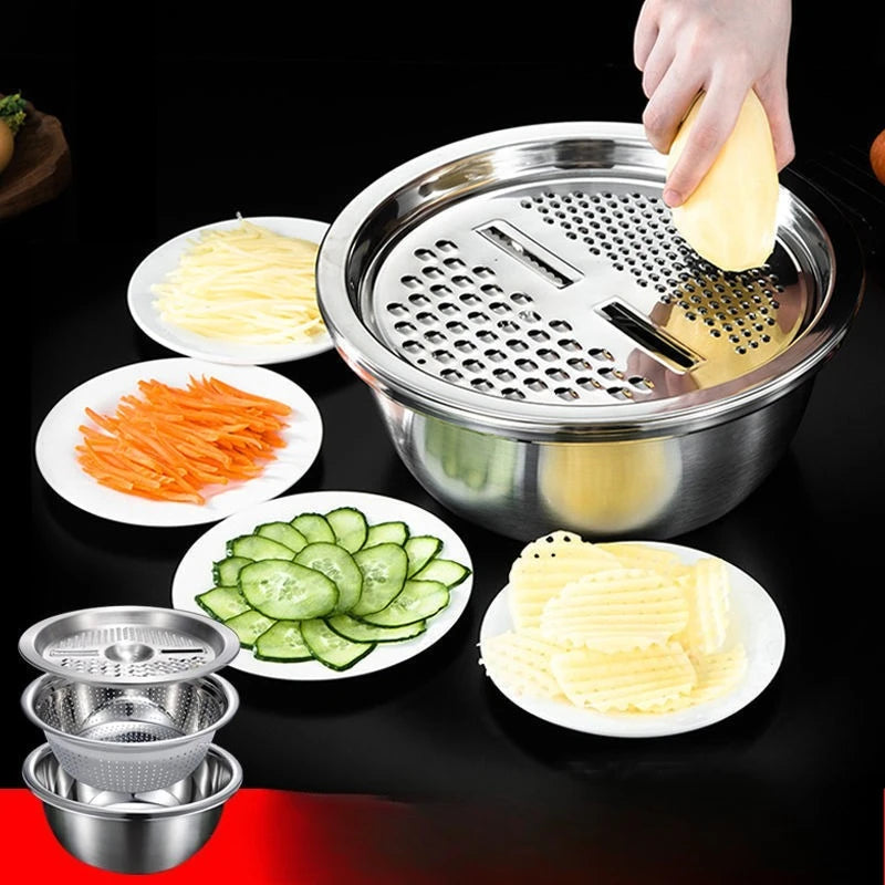 3-Piece Vegetable Slicer Set – Stainless Steel Slicer, Potato Grater & Washing Basin Drain Basket