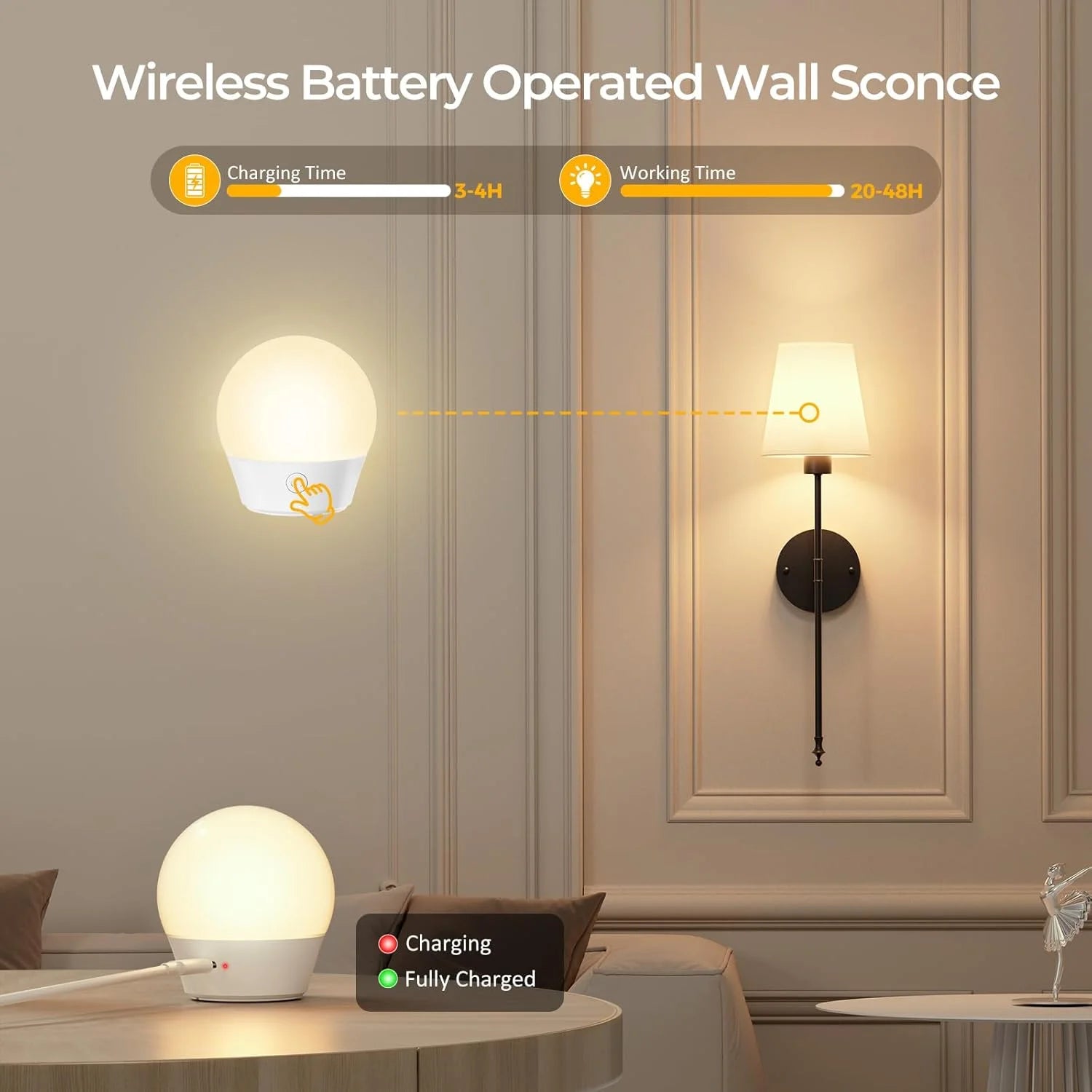 Wireless Rechargeable Wall Sconce with Remote – Dimmable LED Wall Light in Amber, Warm White & RGB