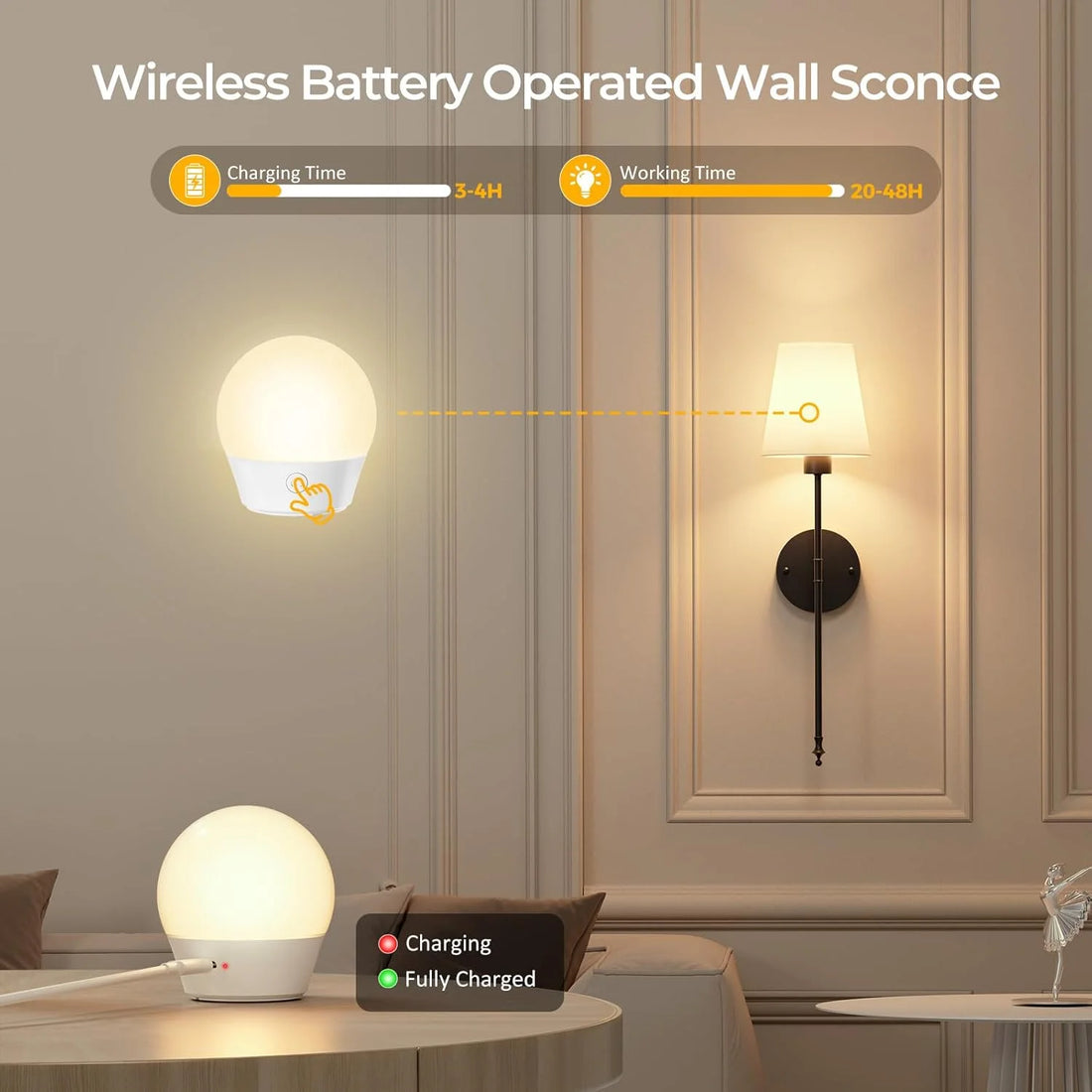 Wireless Rechargeable Wall Sconce with Remote – Dimmable LED Wall Light in Amber, Warm White & RGB