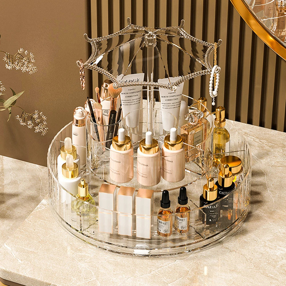 360° Rotating Desktop Cosmetic Storage Box – Acrylic Transparent Skincare Product Tray & Shelf