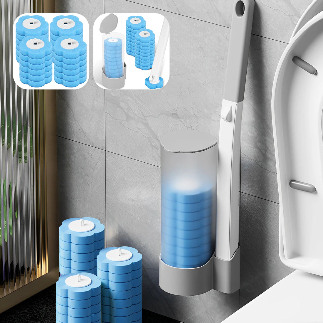 Wall-Mounted Disposable Toilet Brush with Long Handle & Replaceable Heads