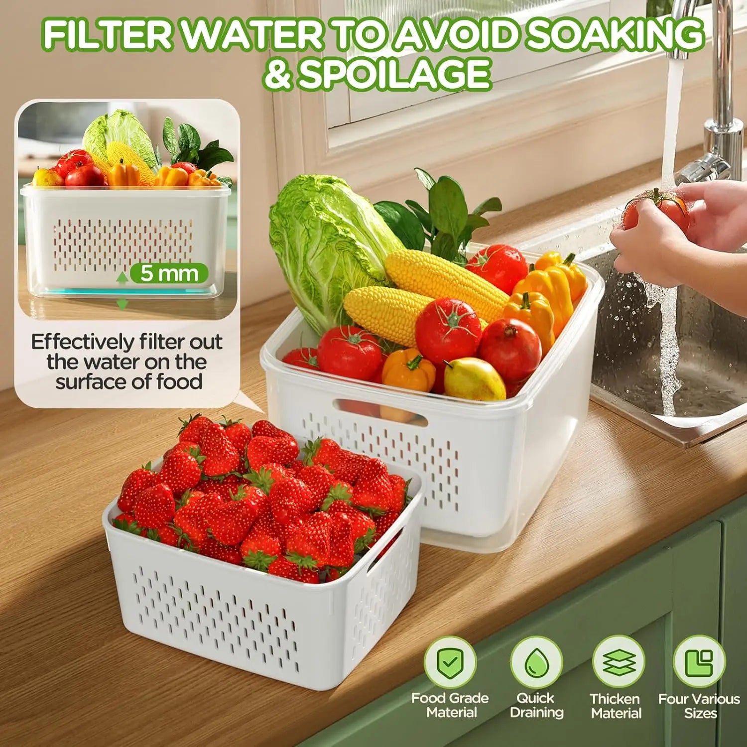 Fridge Fruit Storage Containers with Strainer Washing Bowl for Salad & Berries