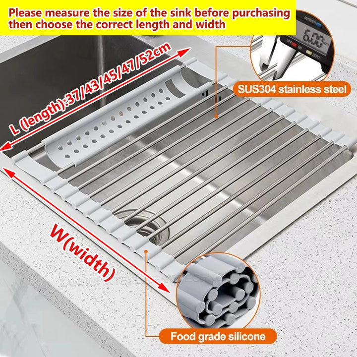 Roll Up Dish Drying Rack over sink,304 Stainless Steel Dish Drainer Shelf Organizer Tableware Plate Storage,Kitchen accessories
