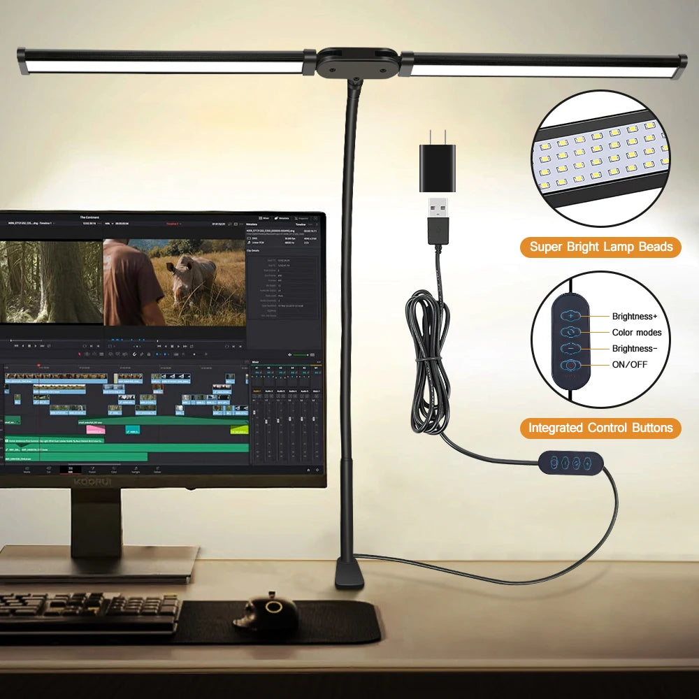 LED Desk Lamp Single Double Head with Stepless Dimming 3 Color Eye-Caring For Home Office Reading Light Adjustable Flexible Lamp