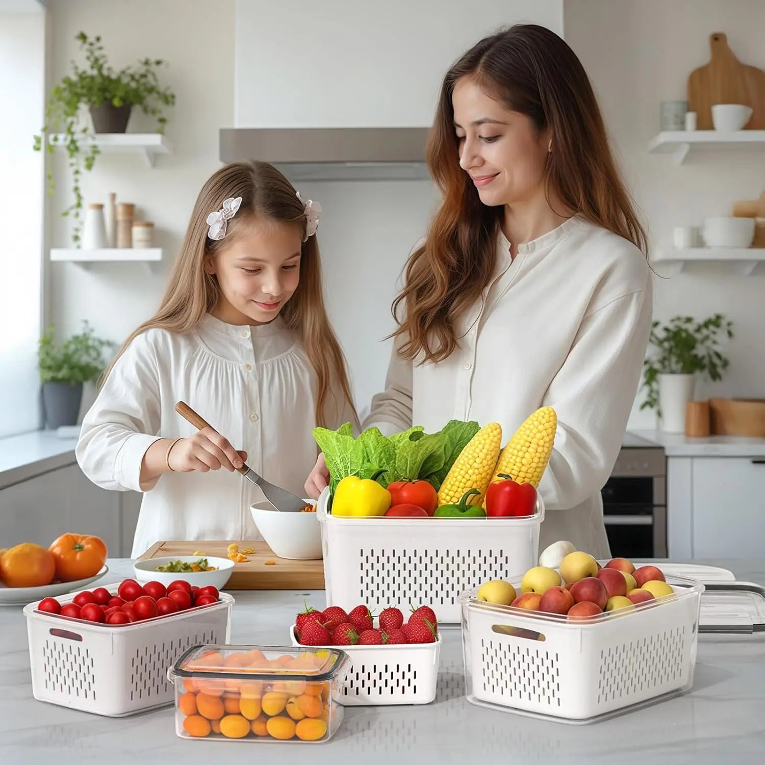 Fridge Fruit Storage Containers with Strainer Washing Bowl for Salad & Berries