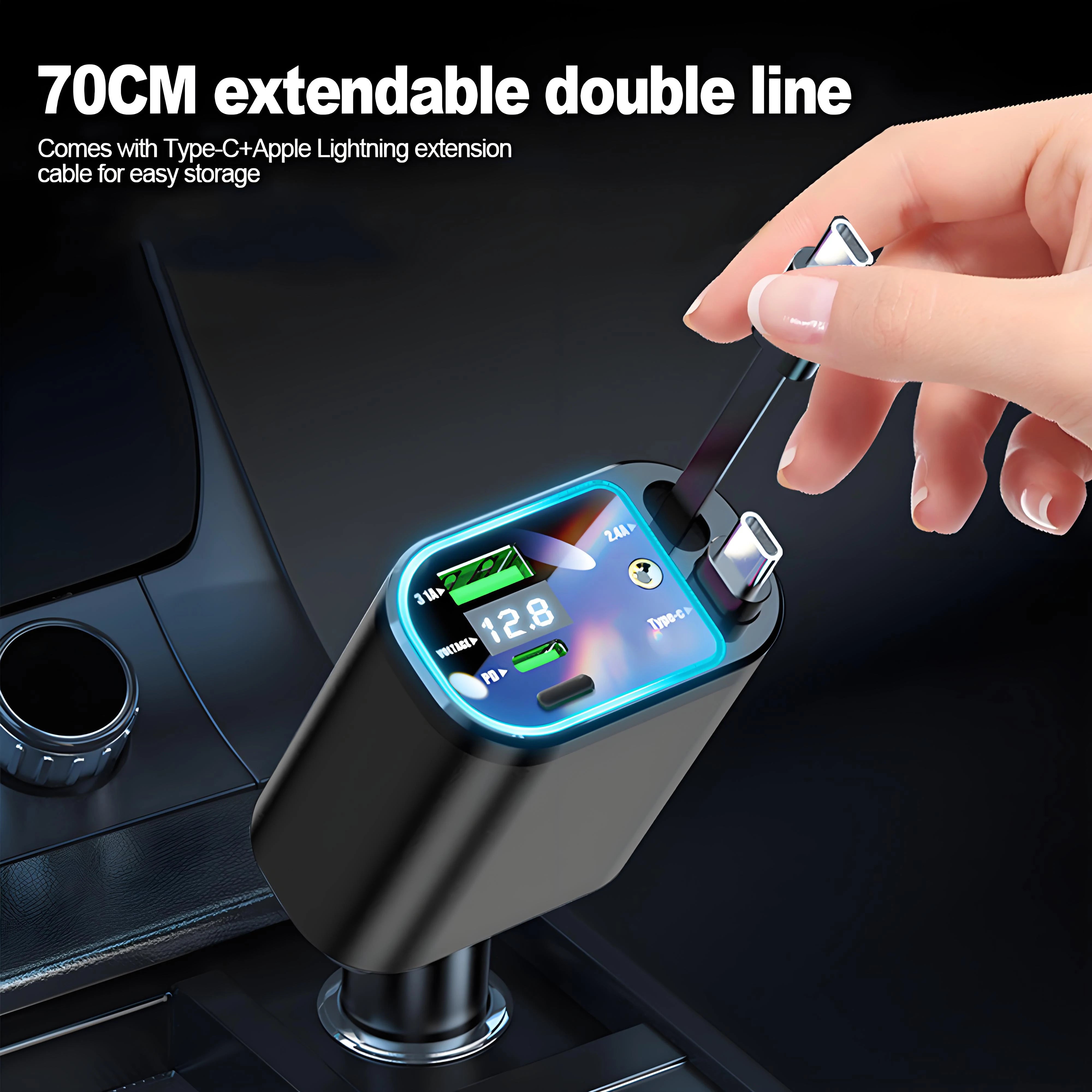 120W Retractable Car Charger with Roof Starlight – USB-C Fast Charger Cigarette Lighter Adapter for iPhone, Huawei & Samsung