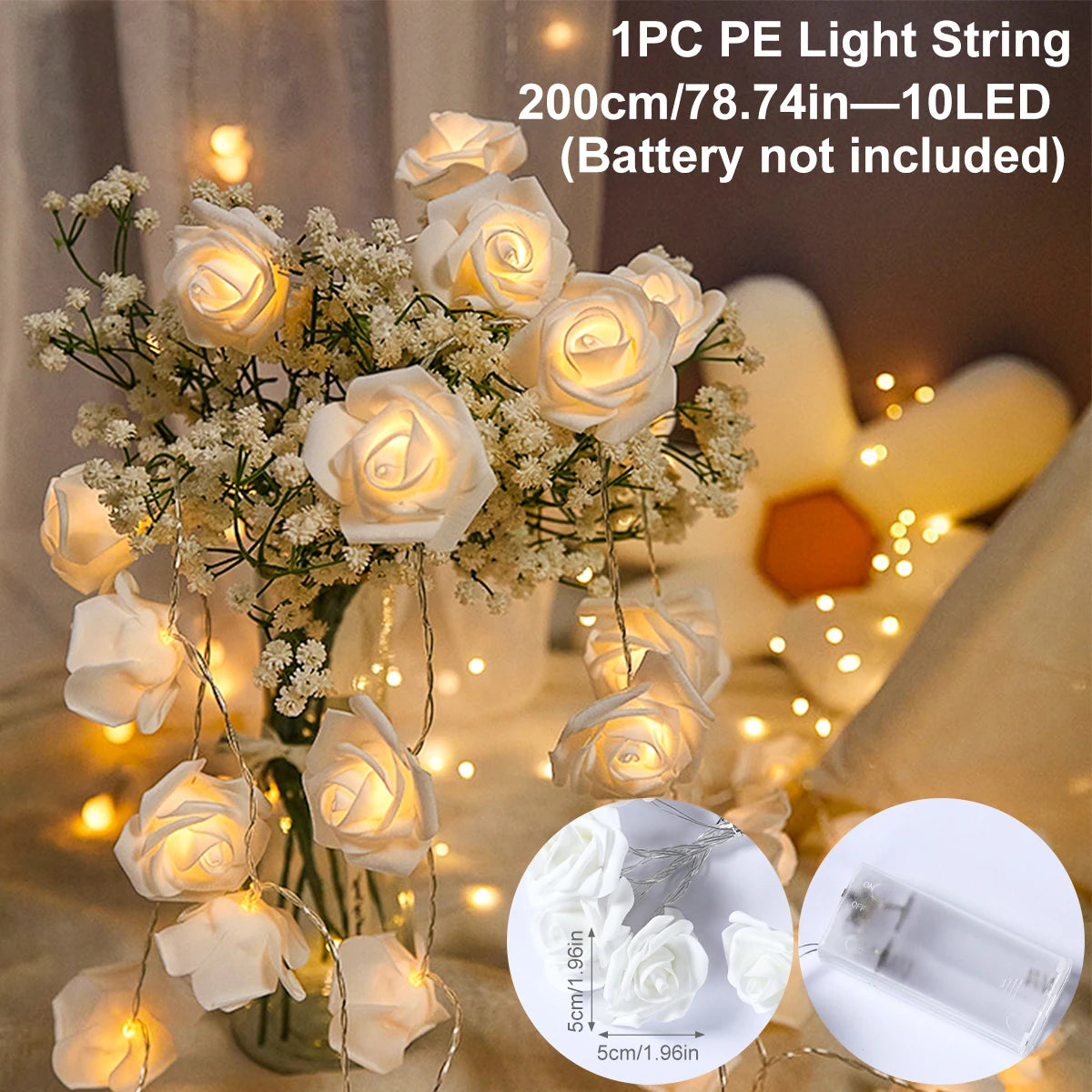 2m 10LED Rose Flowe LED String Lights Garland Wedding Birthday Decor Valentine's Day Gift Christmas Tree Decor for Home Outdoor