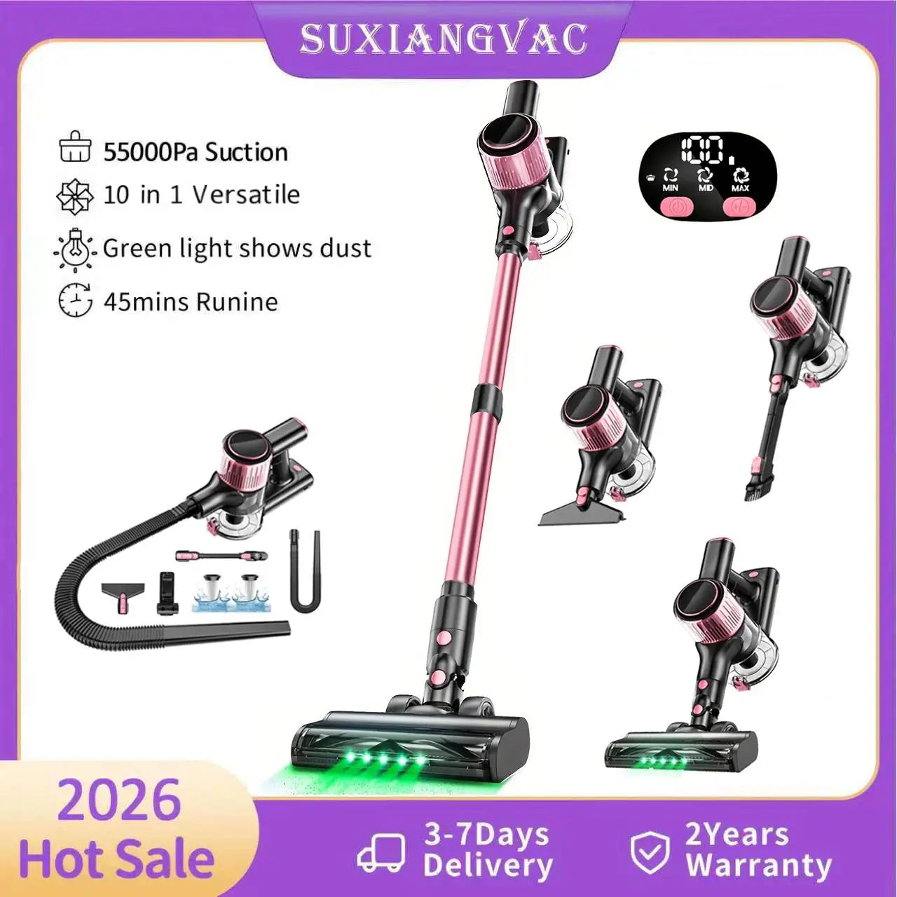 SUXIANGVAC Cordless Stick Vacuum Cleaner – 55Kpa / 500W / 45min, 10-in-1 with Green LED, Anti-Tangle Brush for Pet Hair, Hard Floors & Carpet