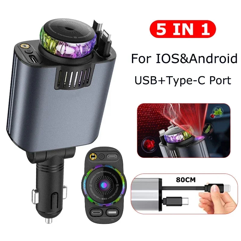 5-in-1 PD45W Car Charger – USB-C Fast Charger with Roof Starlight & Aromatherapy Air Freshener for iOS & Android