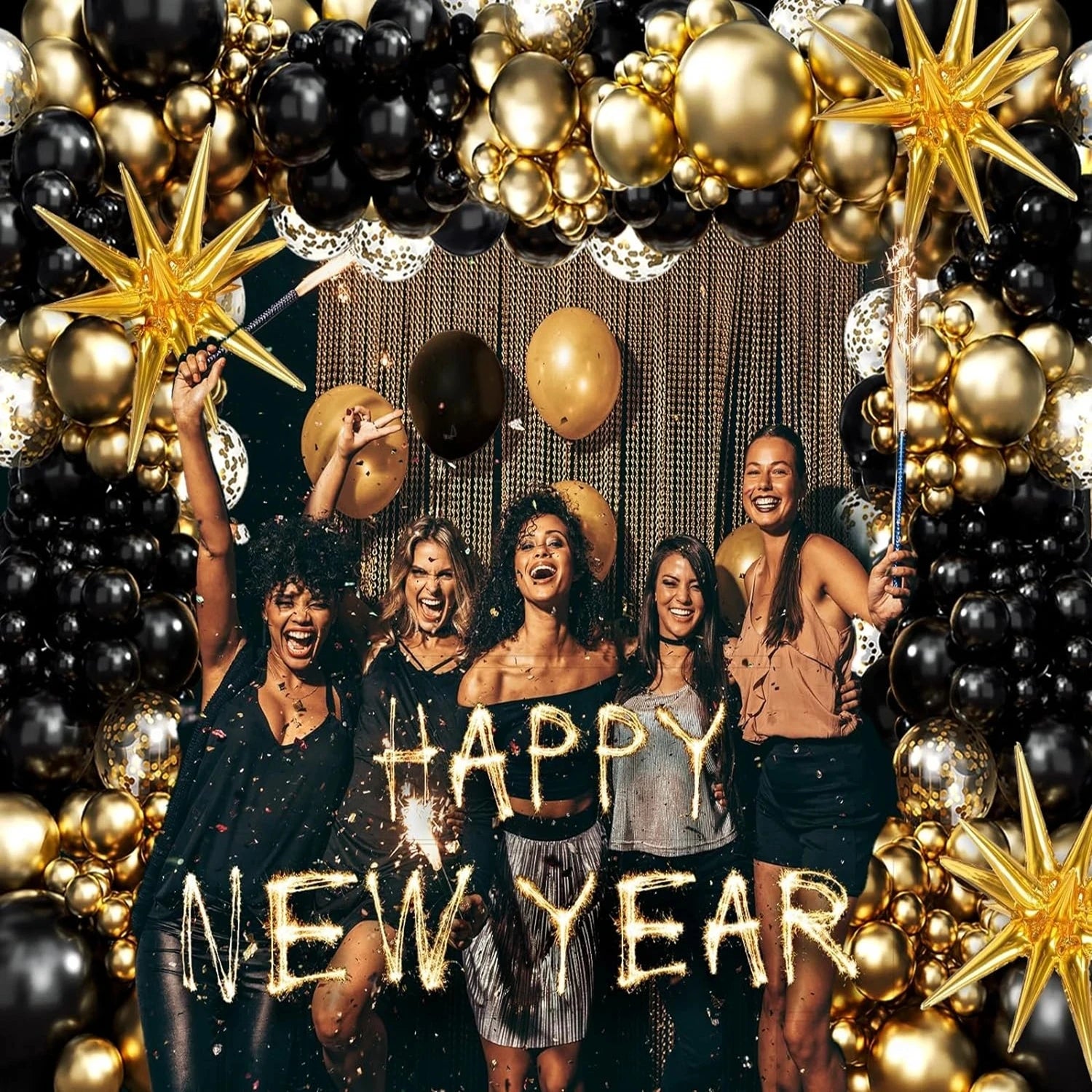 Black and Gold Balloons Garland Arch Kit with Starburst Foil Balloons for Wedding Birthday Family Party Decorations Supplies