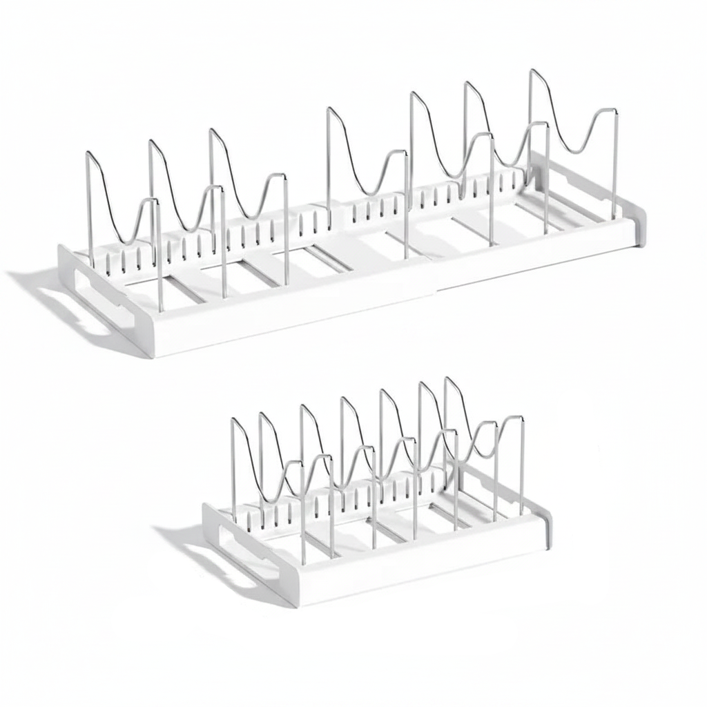 Expandable Pans & Pot Organizer Rack – 7 Adjustable Compartments Dish Storage Rack for Kitchen Cabinet