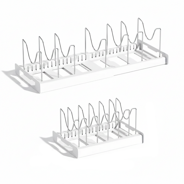 Expandable Pans & Pot Organizer Rack – 7 Adjustable Compartments Dish Storage Rack for Kitchen Cabinet