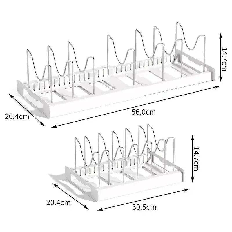 Expandable Pans & Pot Organizer Rack – 7 Adjustable Compartments Dish Storage Rack for Kitchen Cabinet