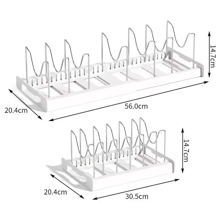 Expandable Pans & Pot Organizer Rack – 7 Adjustable Compartments Dish Storage Rack for Kitchen Cabinet