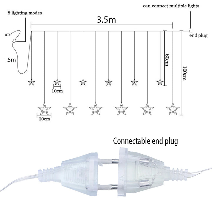 3.5M Star Curstain LED String Fairy Lights 138 LEDs Christmas Lights For Home Bedroom Window Outdoor Party Holiday Decoration