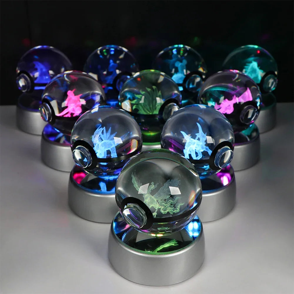 Pokemon 3D Crystal Ball Pikachu Gengar Eevee Mewtwo Anime Game Pokeball Led Night Light Base Kids Birthday Gift Home Decoration